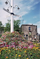 photograph of Old signpost and flowers in Mottram with the Court House in the background - copyright Aidan O’Rourke August 1999