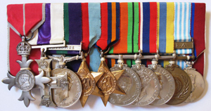 The Medals of Lieutenant-Colonel Robert 'Rex' King-Clark L-R  MBE, Military Cross, General Service Medal Palestine, 1939-45 Star, Burma Star, 1939-45 defence medal, 1939-45 War Medal, Korea Medal British, Korea Medal UN, Coronation Medal 1953                                                                                      