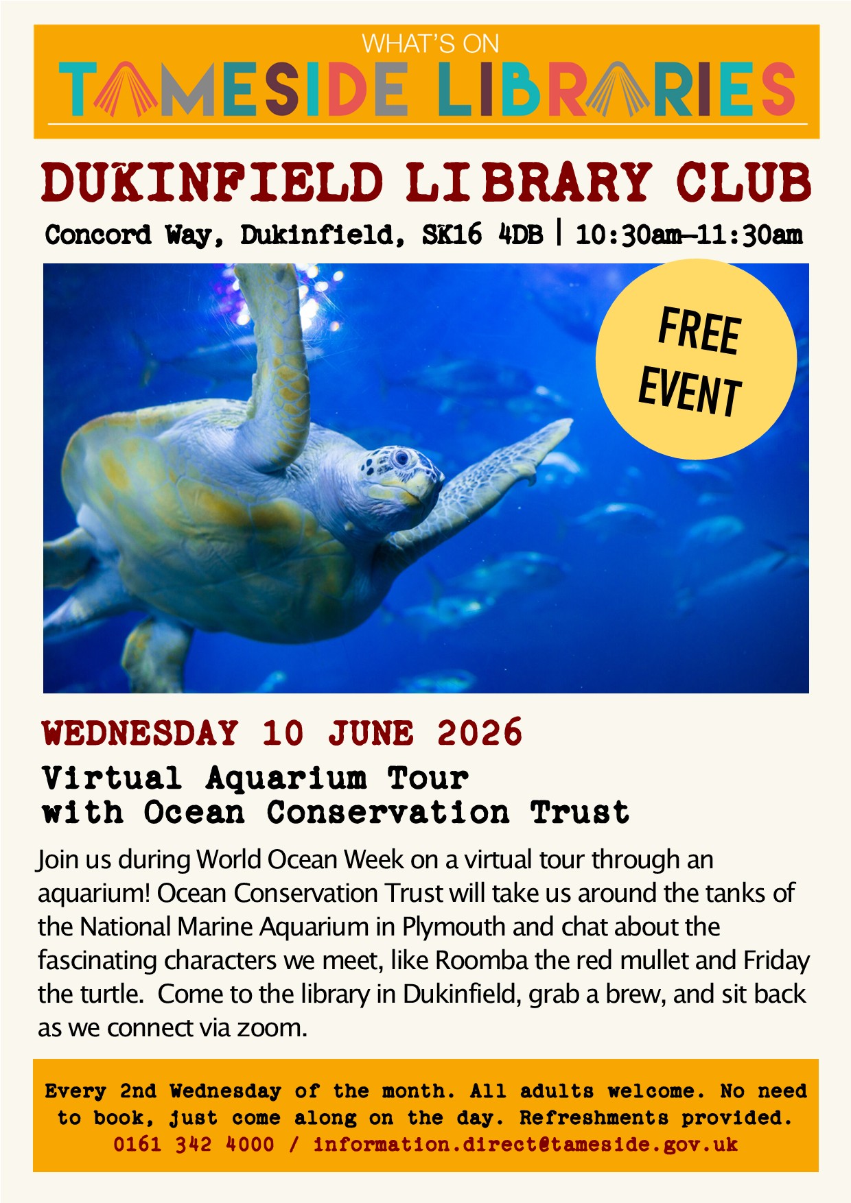Dukinfield library Club poster June 2026 Virtual Aquarium