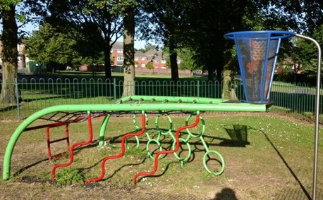 Climbing Frame, climbing unit with ball hoop situated on grass