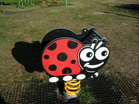 Ladybird Spring rocker situated on grass matting