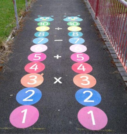 Mathematics hopscotch situated on wetpour