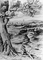 View of Ashton taken from engraving, showing Ashton Old Hall and Ashton Parish Church