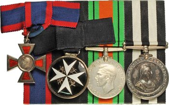 Clarinda’s medals : L-R : Royal Red Cross, The Order of St John of Jerusalem, Defence Medal, St John Service Medal