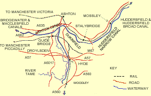 Illustration of Tameside's road, rail & canal links