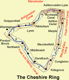 Map showing the Cheshire Ring of canals