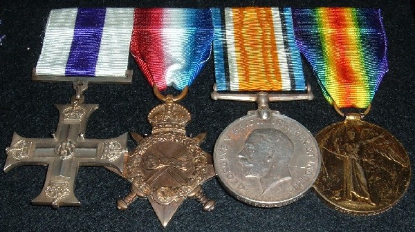 Medals of Frank Oswald Medworth Left to Right – Military Cross, 1914-1915 Star, British War Medal, Allied Victory Medal.