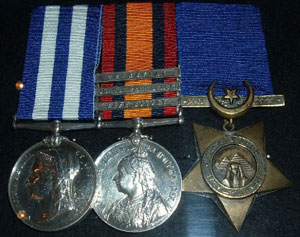 Medals of William Bertram Left to Right – Egypt Medal, Queen’s South Africa Medal, Khedive’s Star.