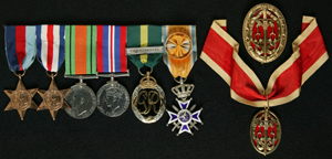 Medals of Colonel Sir Douglas Glover  (L to R) 1939-45 Star; France and Germany Star; 1939-45 Defence Medal; 1939-45 War Medal; Efficiency Decoration; Officer of the Order of Orange Nassau with Swords; Knight Bachelor’s Breast Badge (top); Knight Bachelor’s Neck Badge (on ribbon)
