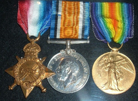 Harry's medals (Left to Right – 1914-1915 Star, British War Medal, Allied Victory Medal)