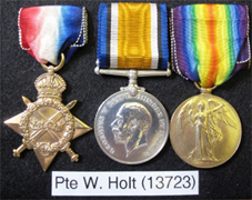 Medals of William Holt Left to Right- 1914-15 Star, British War Medal, Allied Victory Medal.