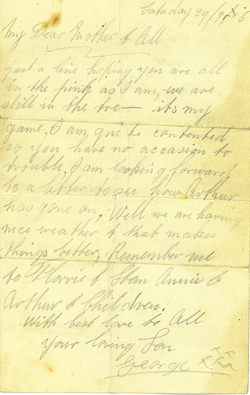 George's last letter home dated 29th July 1916