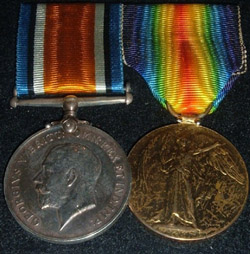 Medals of Robert Nuttall Roberts Left to Right – British War Medal, Allied Victory Medal.