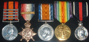 Left to Right – Queens South Africa Medal (1901, Wittebergen, Transvaal, Cape Colony), 1914 Star, British War Medal, Allied Victory Medal, 1902 Coronation Medal.