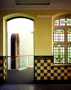 Ground floor new entrance arch and the Lakes Road stain glass window
